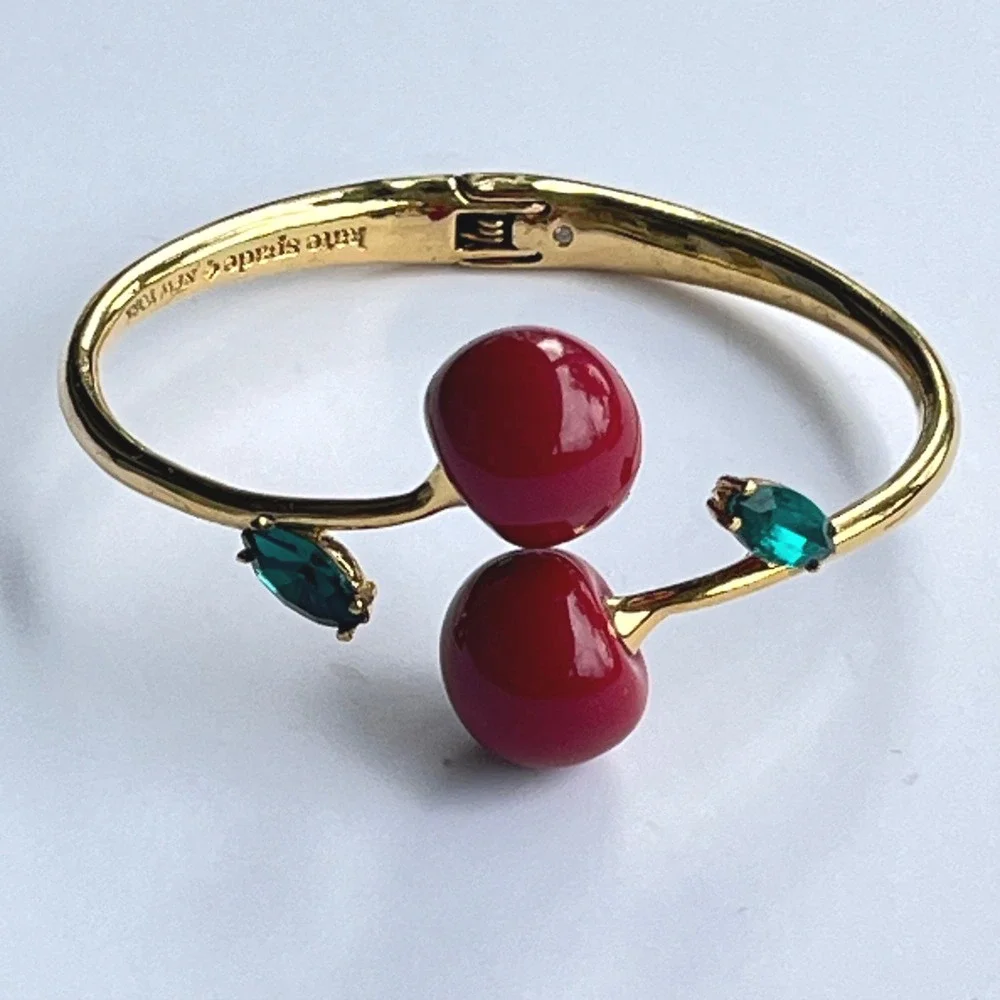 Kate Spade New York Fruity Cherry Bangle Bracelet Gold Crystal Designer Whimsy
